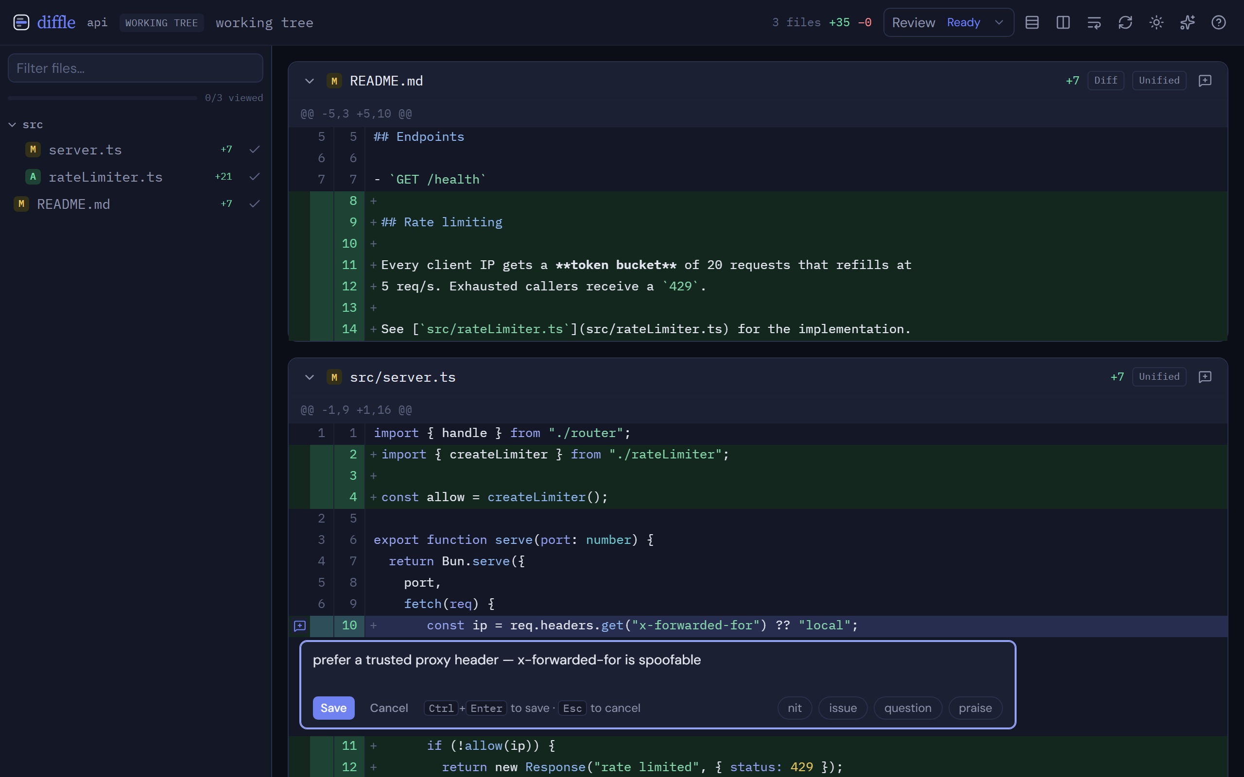 The diffle review view: a file tree, a syntax-highlighted diff, and an open inline comment