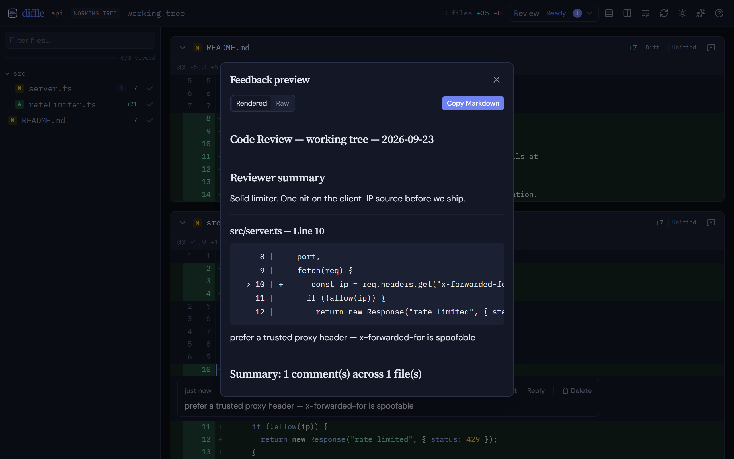 The feedback preview: each comment rendered with its code context, ready to copy as Markdown