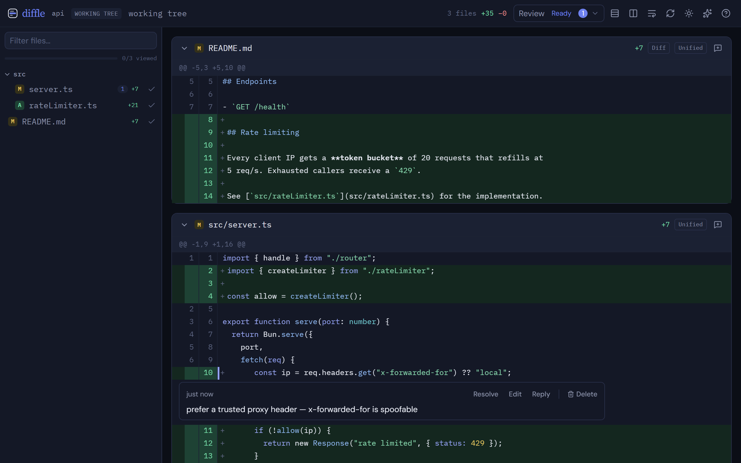 A saved inline comment thread anchored to a line, with resolve, edit, reply, and delete actions